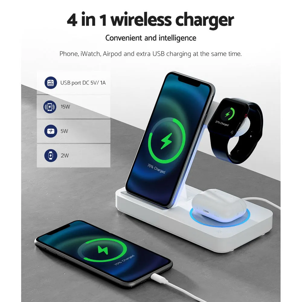 15W Fast 4-in-1 Wireless Charger Dock White | Devanti