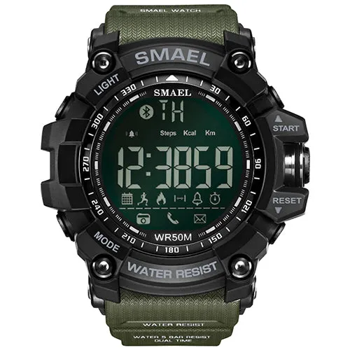 50Meters Swim Dress Sport Watches Smael Brand Army Green Style  Bluetooth Link Smart Watches Men Digital Sport Male Clock 1617B