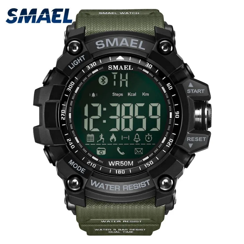 50Meters Swim Dress Sport Watches Smael Brand Army Green Style  Bluetooth Link Smart Watches Men Digital Sport Male Clock 1617B