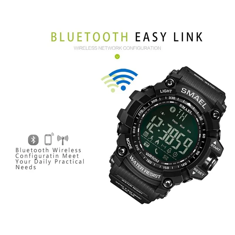 50Meters Swim Dress Sport Watches Smael Brand Army Green Style  Bluetooth Link Smart Watches Men Digital Sport Male Clock 1617B