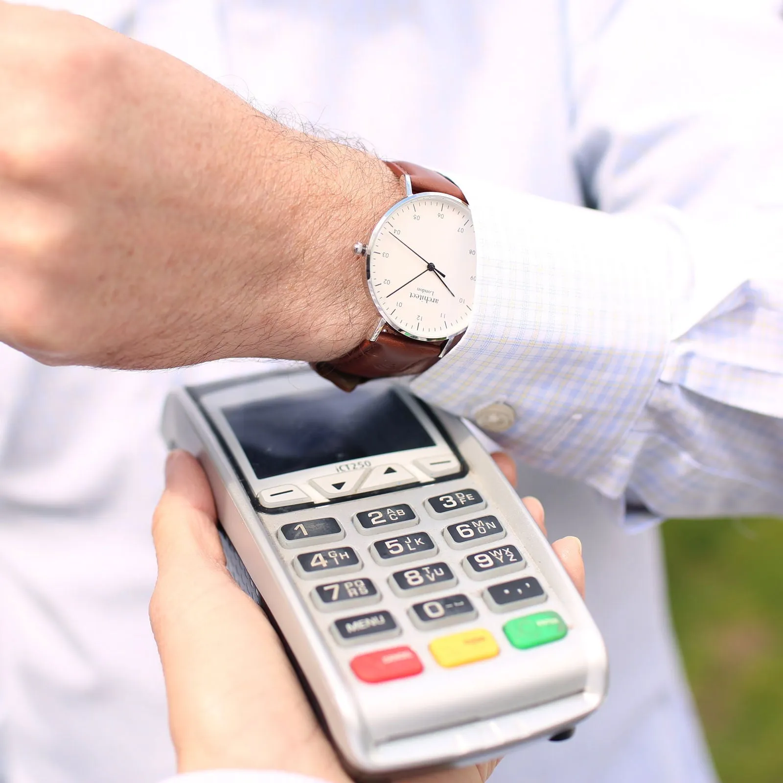 Contactless Payment Watch - Men's Architect Zephyr, Walnut Strap, Modern Font Engraving