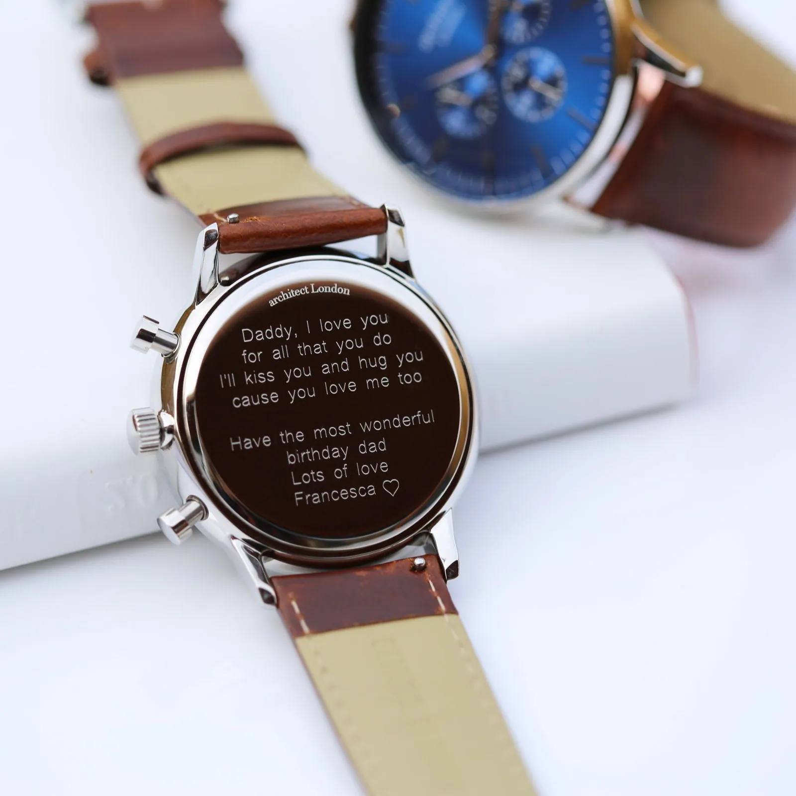 Contactless Payment Watch - Men's Blue Motivator, Walnut Strap, Modern Font Engraving