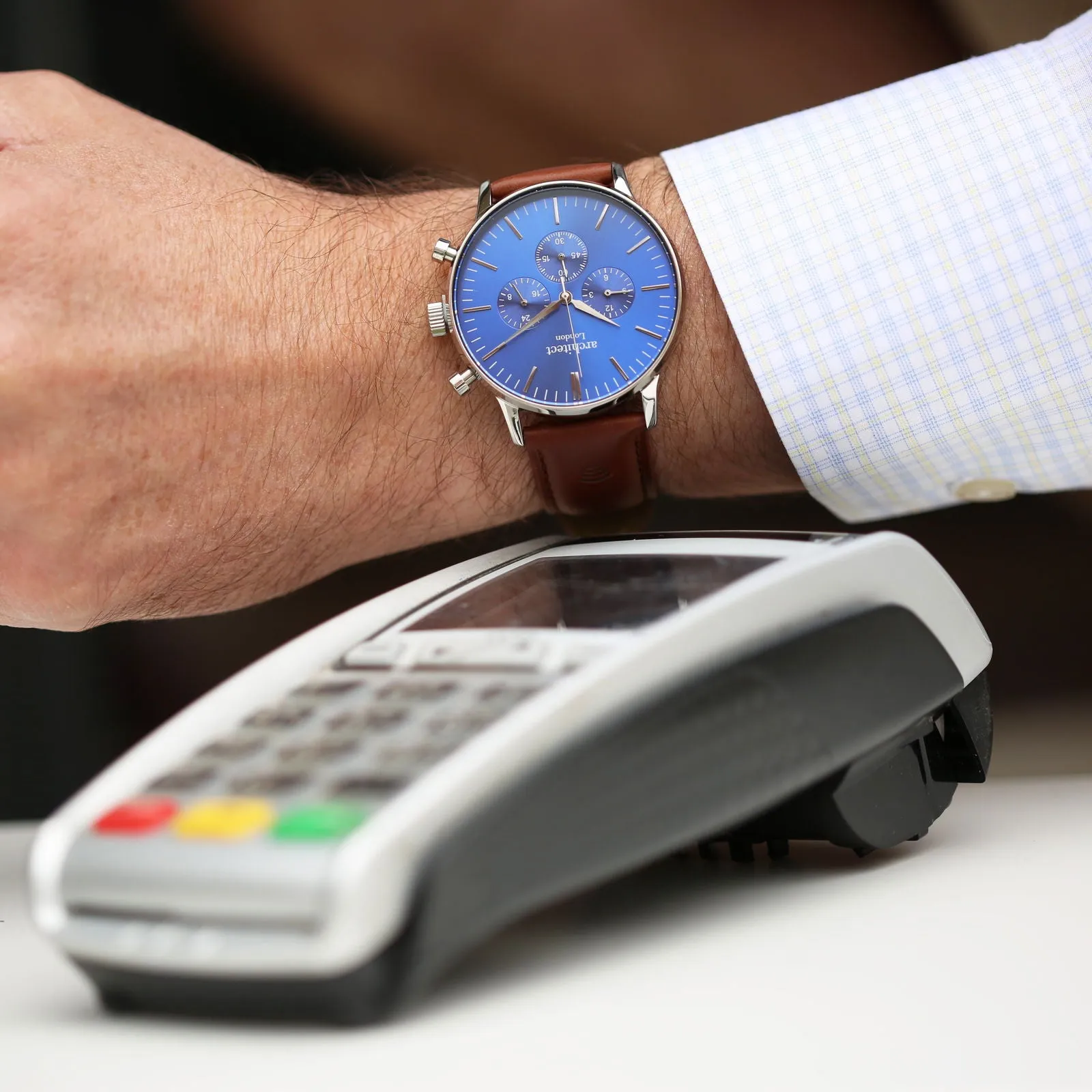 Contactless Payment Watch - Men's Blue Motivator, Walnut Strap, Modern Font Engraving