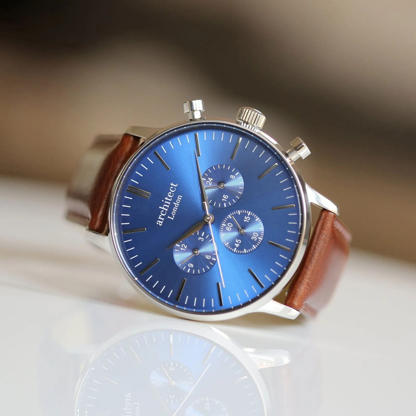 Contactless Payment Watch - Men's Blue Motivator, Walnut Strap, Modern Font Engraving