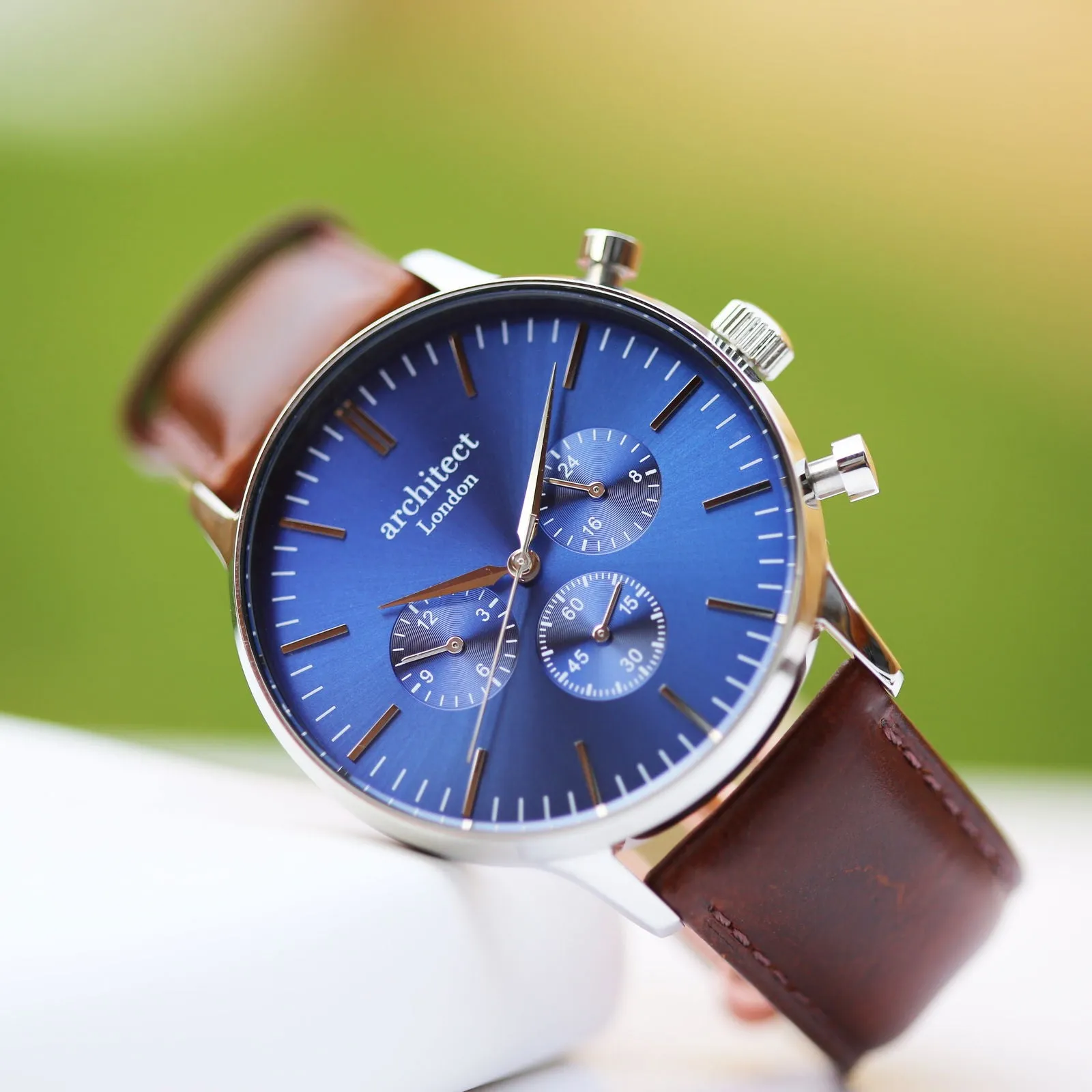 Contactless Payment Watch - Men's Blue Motivator, Walnut Strap, Modern Font Engraving