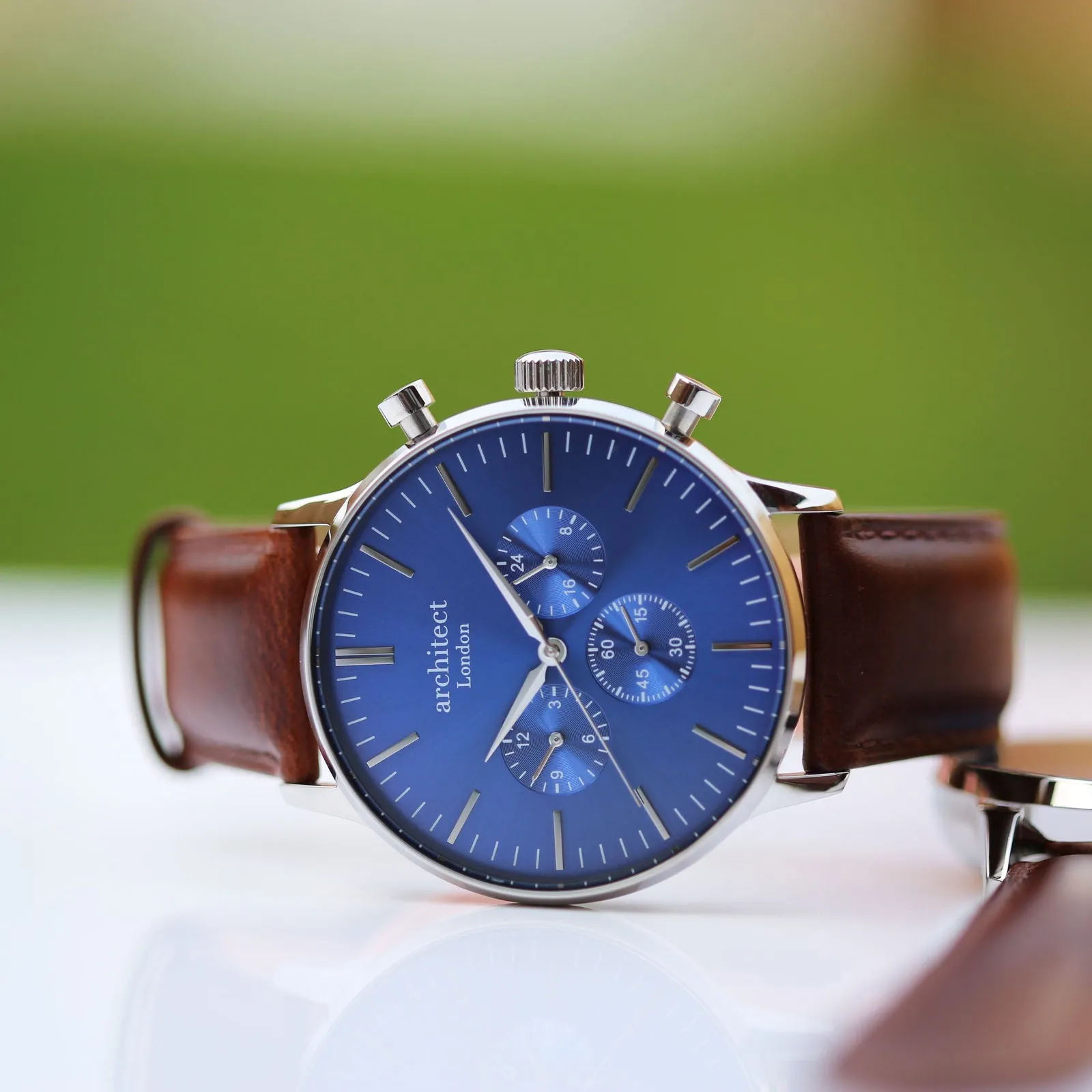 Contactless Payment Watch - Men's Blue Motivator, Walnut Strap, Modern Font Engraving