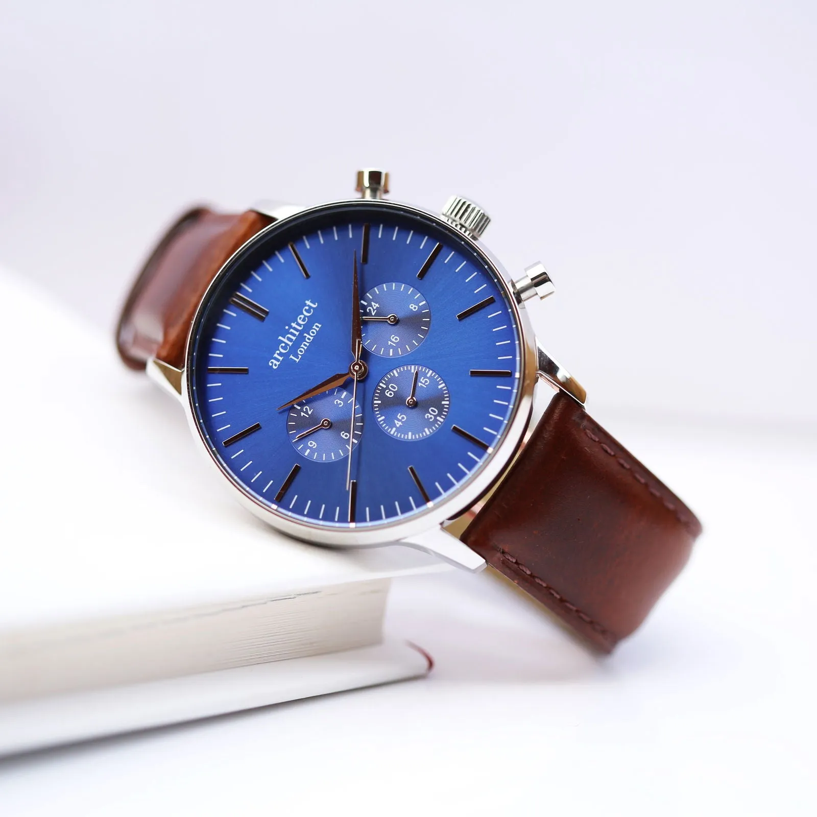 Contactless Payment Watch - Men's Blue Motivator, Walnut Strap, Modern Font Engraving