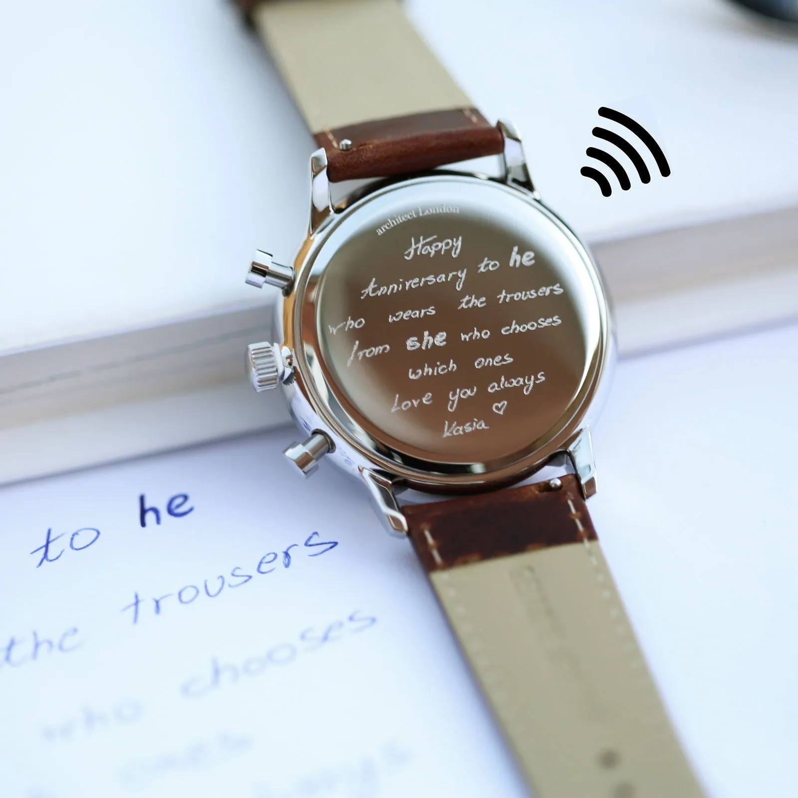 Contactless Payment Watch - Men's Blue Motivator, Walnut Strap, Own Personalised Handwriting Engraving