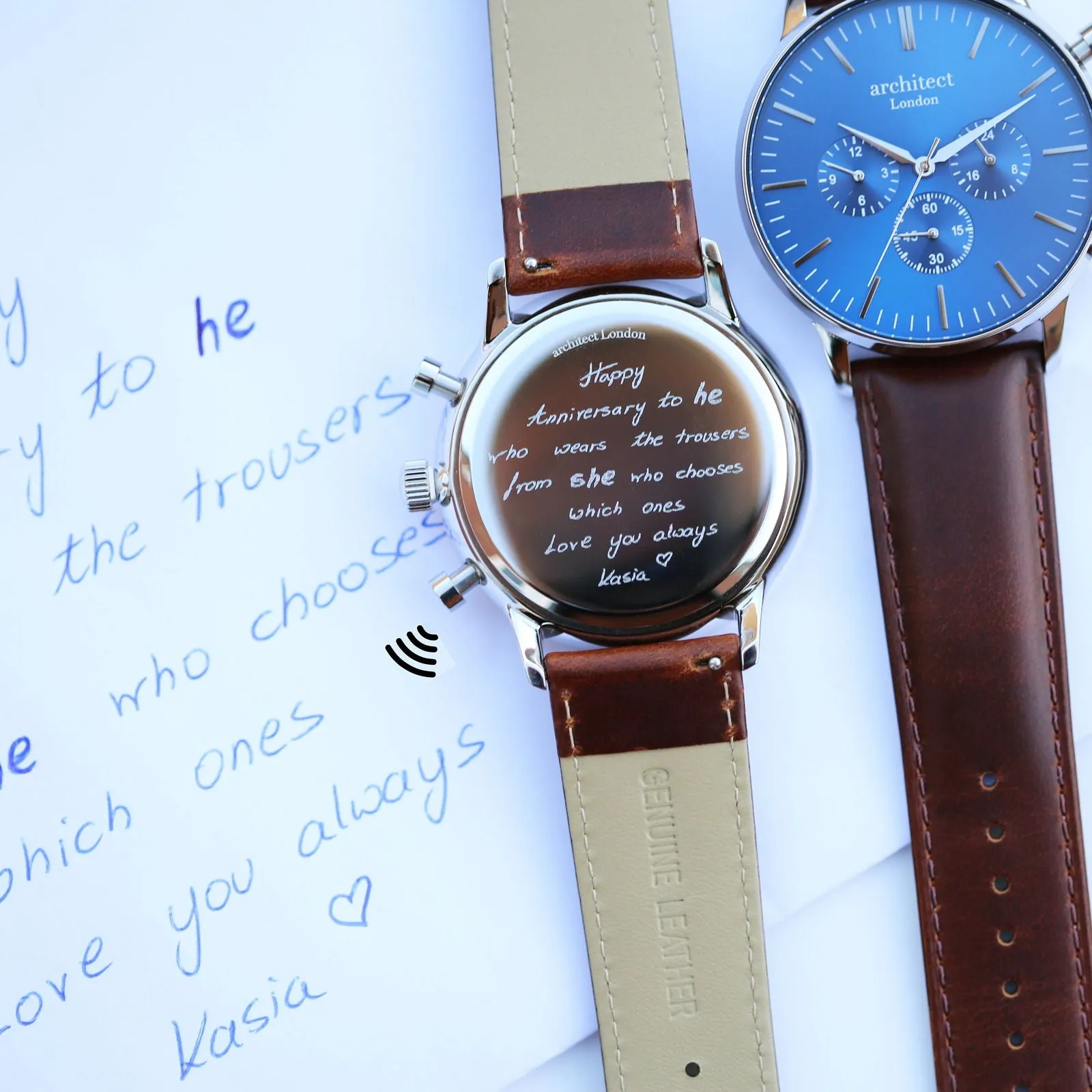 Contactless Payment Watch - Men's Blue Motivator, Walnut Strap, Own Personalised Handwriting Engraving