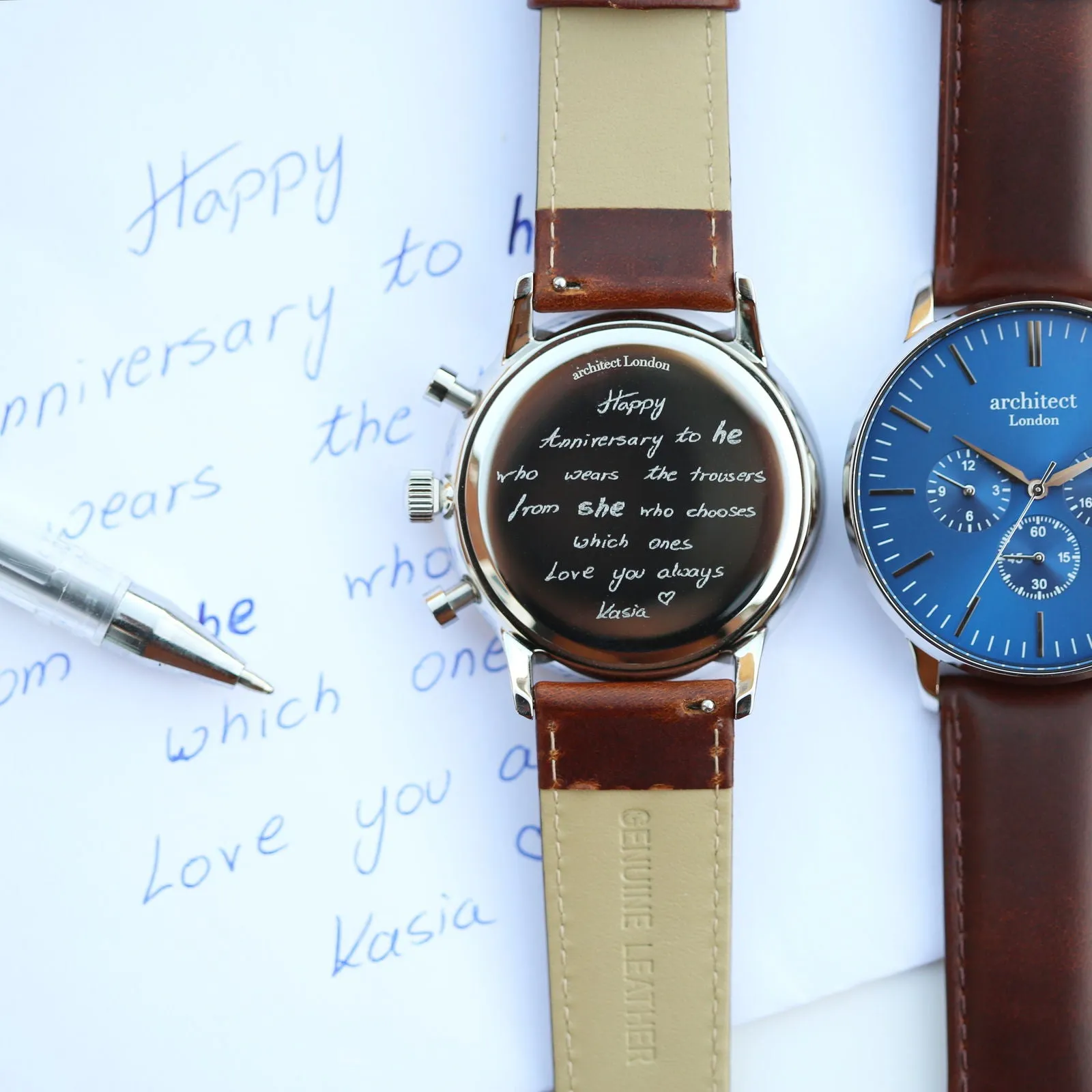 Contactless Payment Watch - Men's Blue Motivator, Walnut Strap, Own Personalised Handwriting Engraving