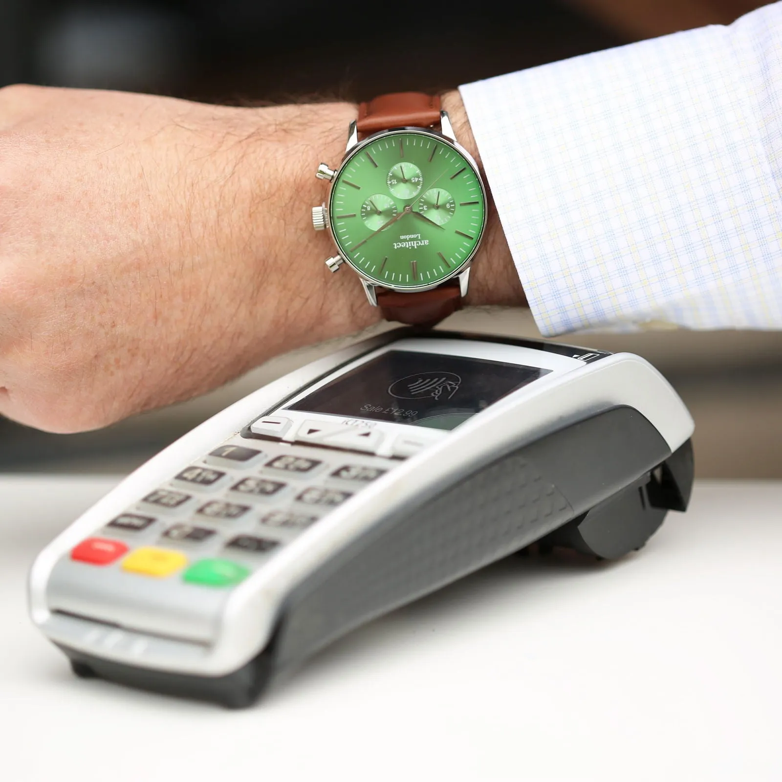 Contactless Payment Watch - Men's Envy Green Motivator, Walnut Strap, Modern Font Engraving