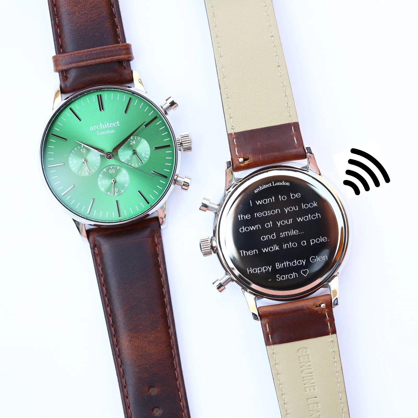 Contactless Payment Watch - Men's Envy Green Motivator, Walnut Strap, Modern Font Engraving