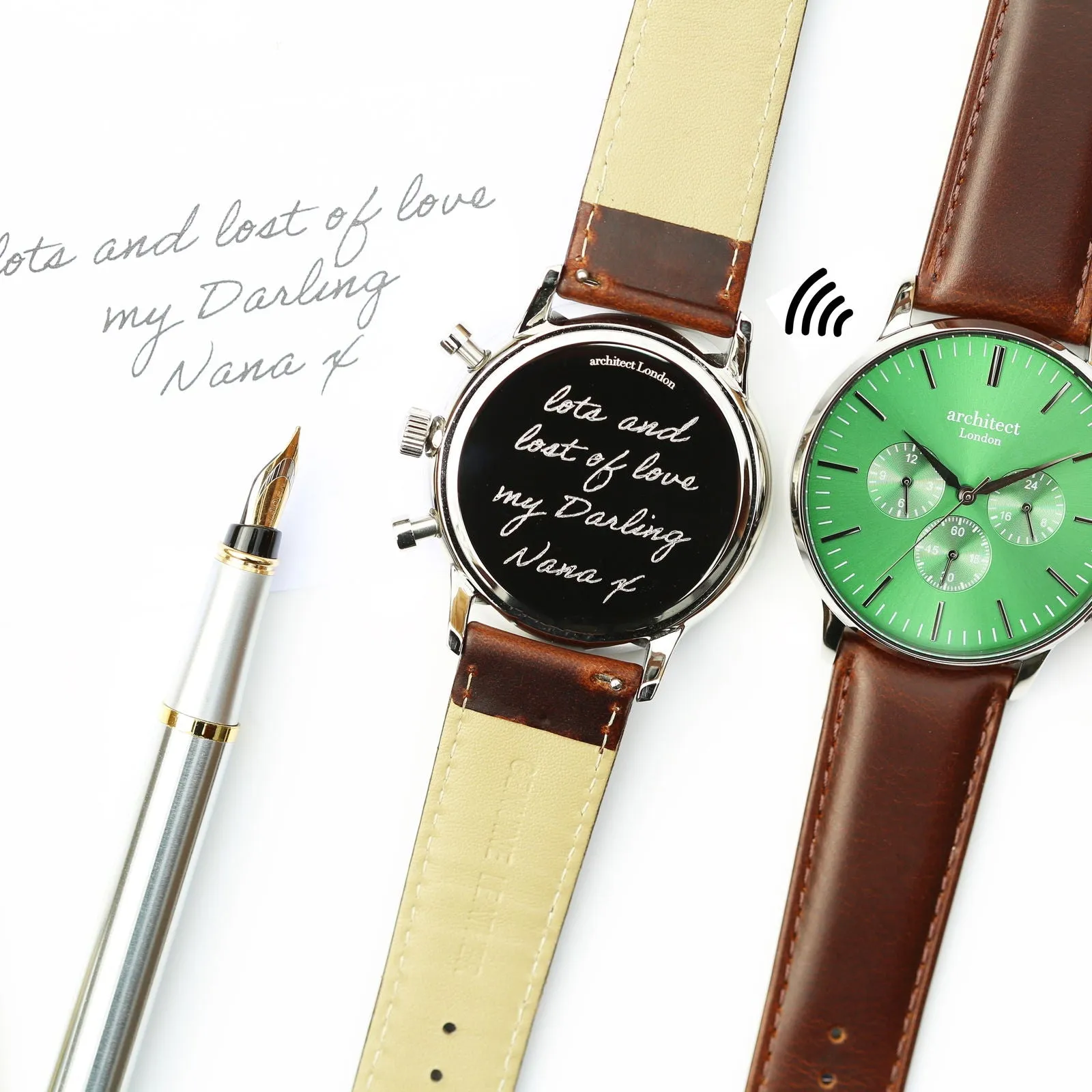 Contactless Payment Watch - Men's Green Motivator, Walnut Strap, Own Personalised Handwriting Engraving