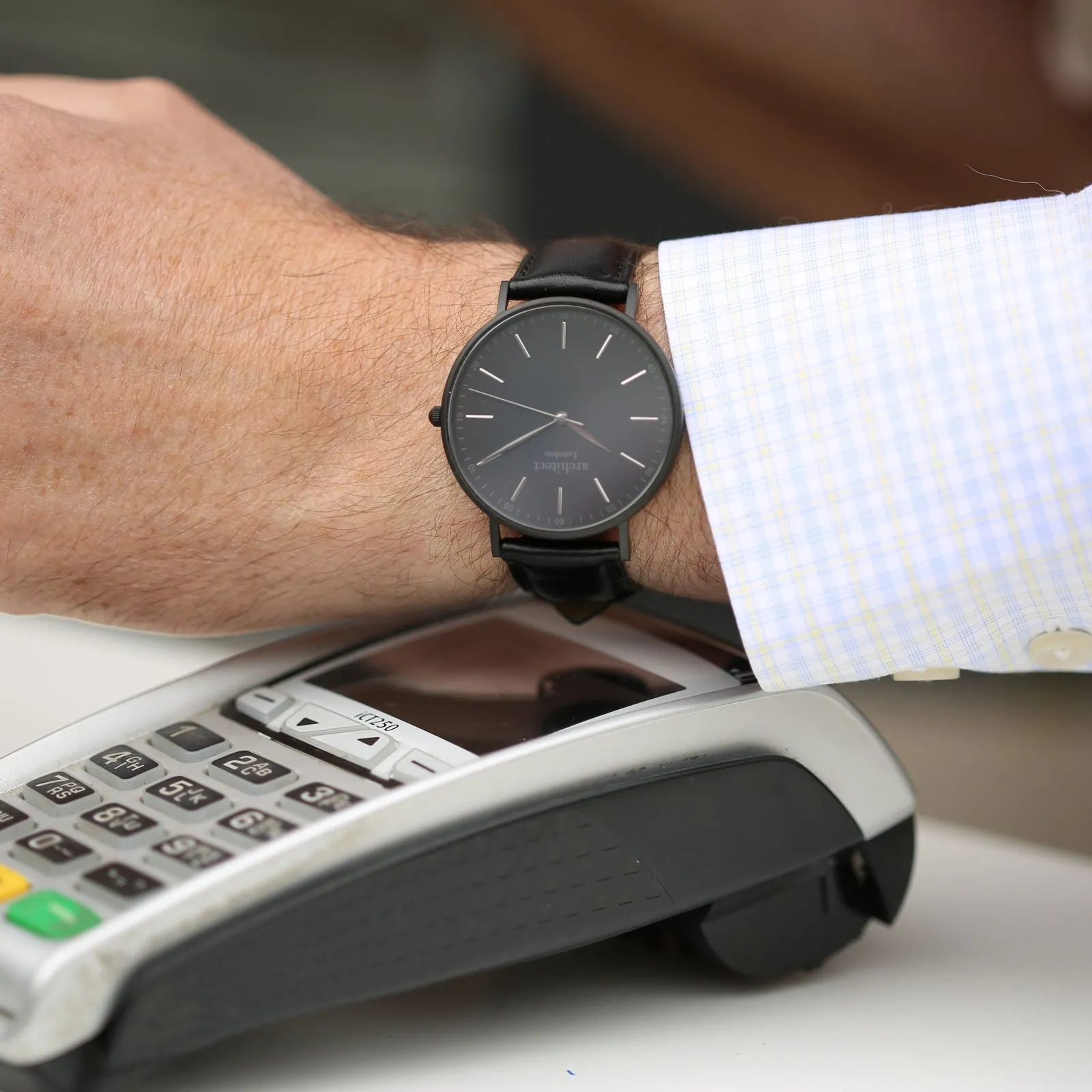 Contactless Payment Watch - Men's Minimalist, Jet Black Strap, Modern Font Engraving