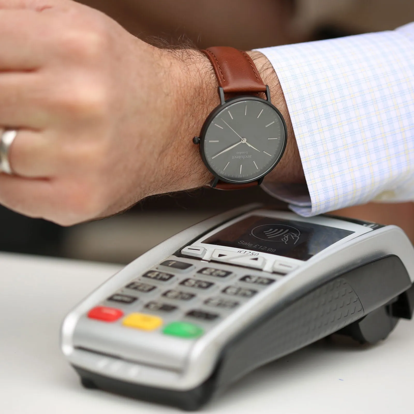 Contactless Payment Watch - Men's Minimalist, Walnut Strap, Modern Font Engraving