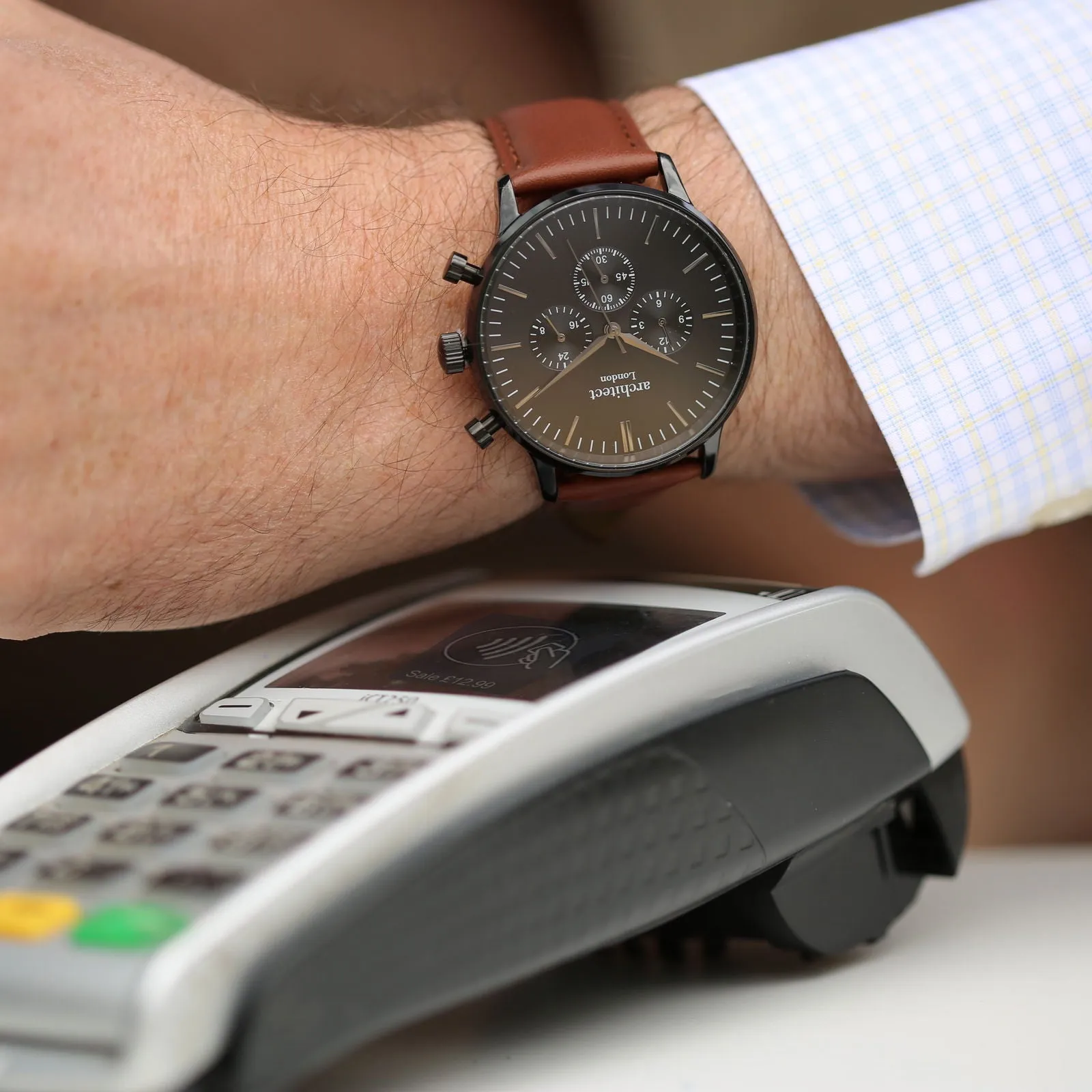 Contactless Payment Watch - Men's Motivator, Walnut Strap, Modern Font Engraving