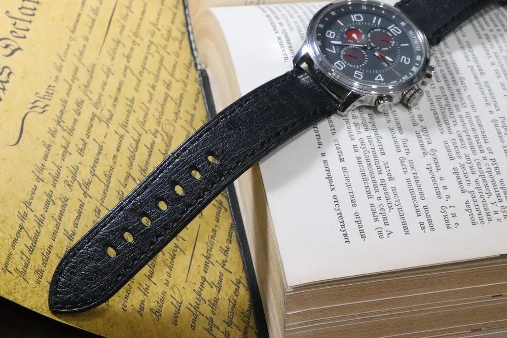 Handmade Soft Watch Leather Strap 22mm Black South African Ostrich Leather Strap with Cowhide Bottom, strong and durable