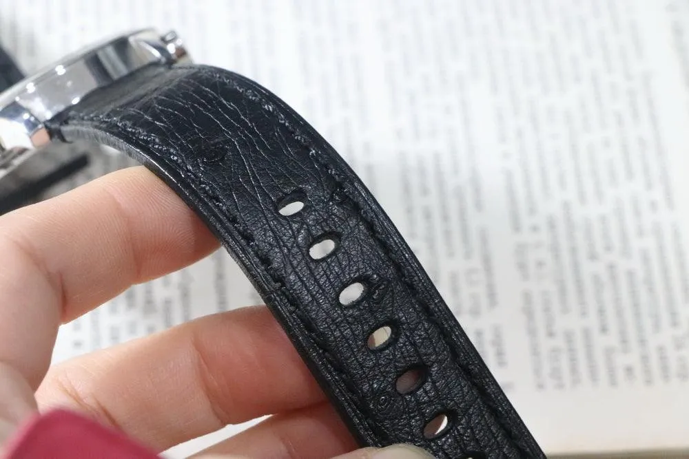 Handmade Soft Watch Leather Strap 22mm Black South African Ostrich Leather Strap with Cowhide Bottom, strong and durable