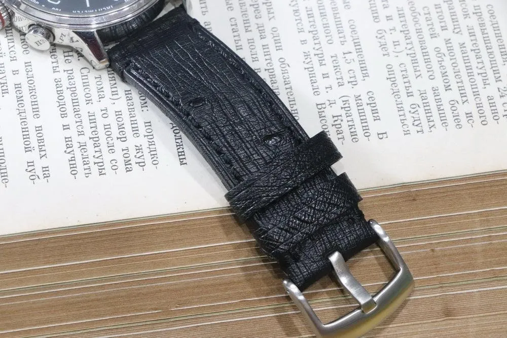 Handmade Soft Watch Leather Strap 22mm Black South African Ostrich Leather Strap with Cowhide Bottom, strong and durable