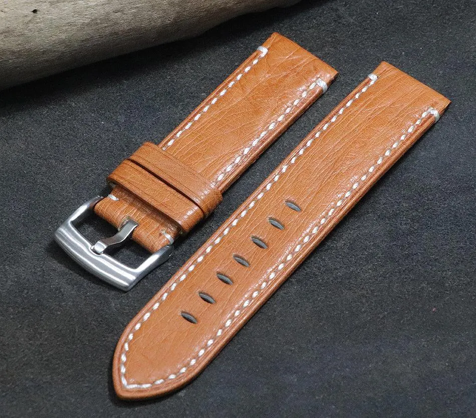 Handmade Soft Watch Leather Strap 22mm Brown South African Ostrich Leather Strap with Cowhide Bottom, strong and durable