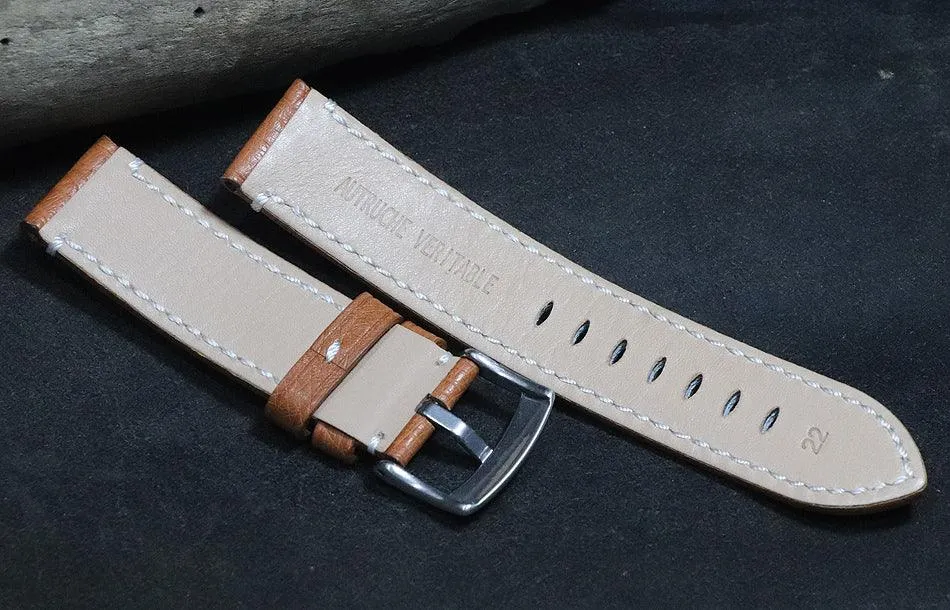 Handmade Soft Watch Leather Strap 22mm Brown South African Ostrich Leather Strap with Cowhide Bottom, strong and durable