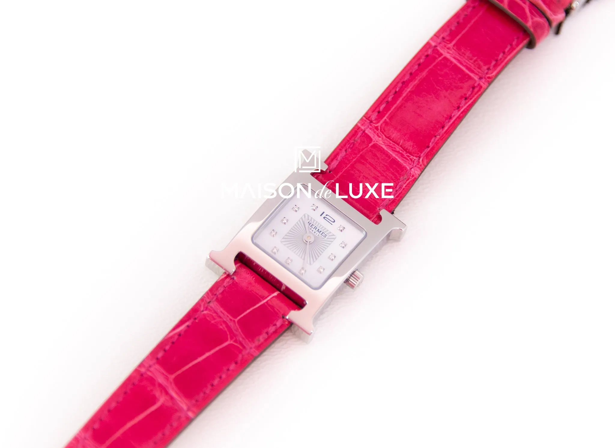 Hermes Diamond H Hour Heure Watch Raspberry Crocodile Strap