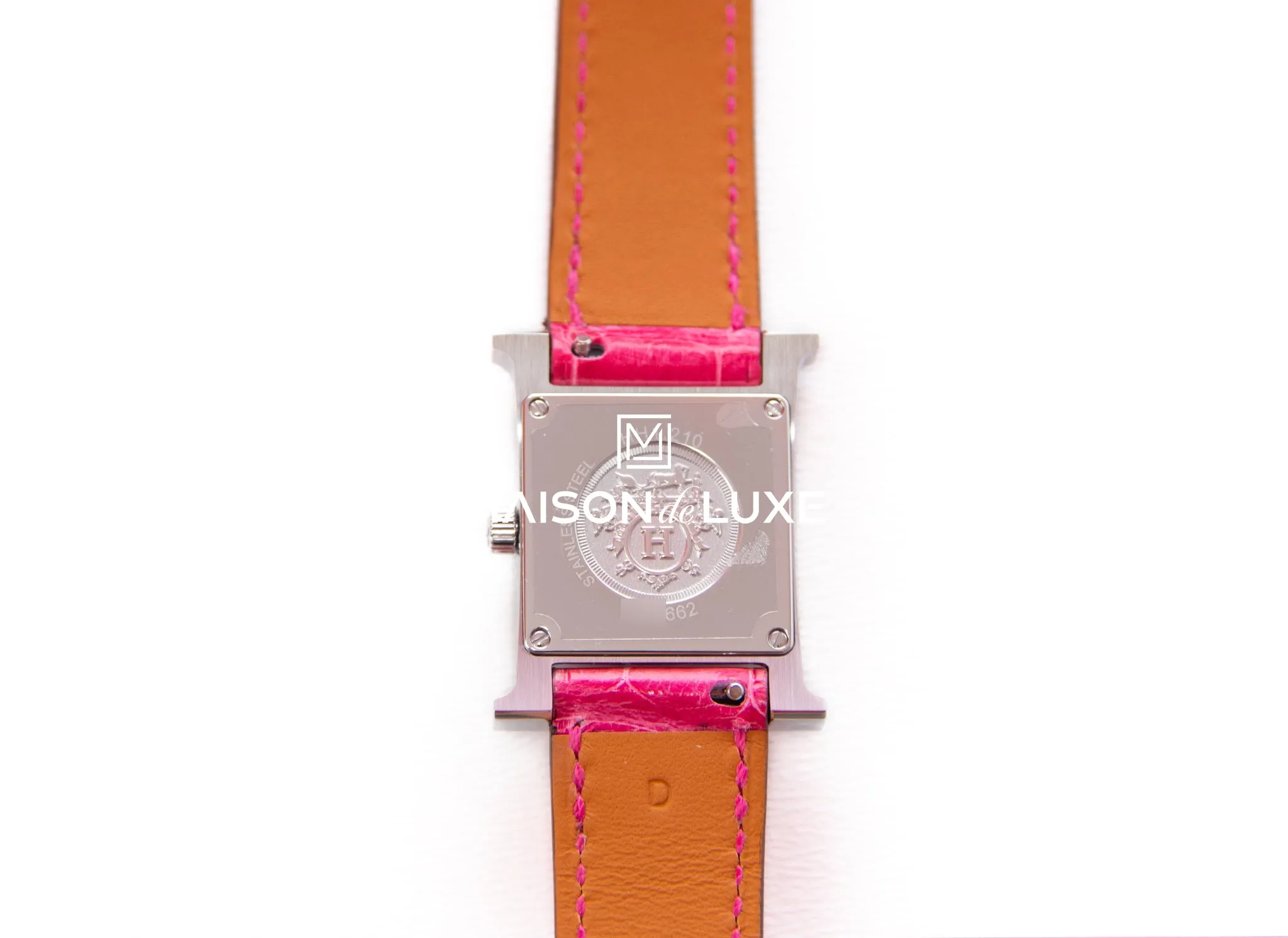 Hermes Diamond H Hour Heure Watch Raspberry Crocodile Strap