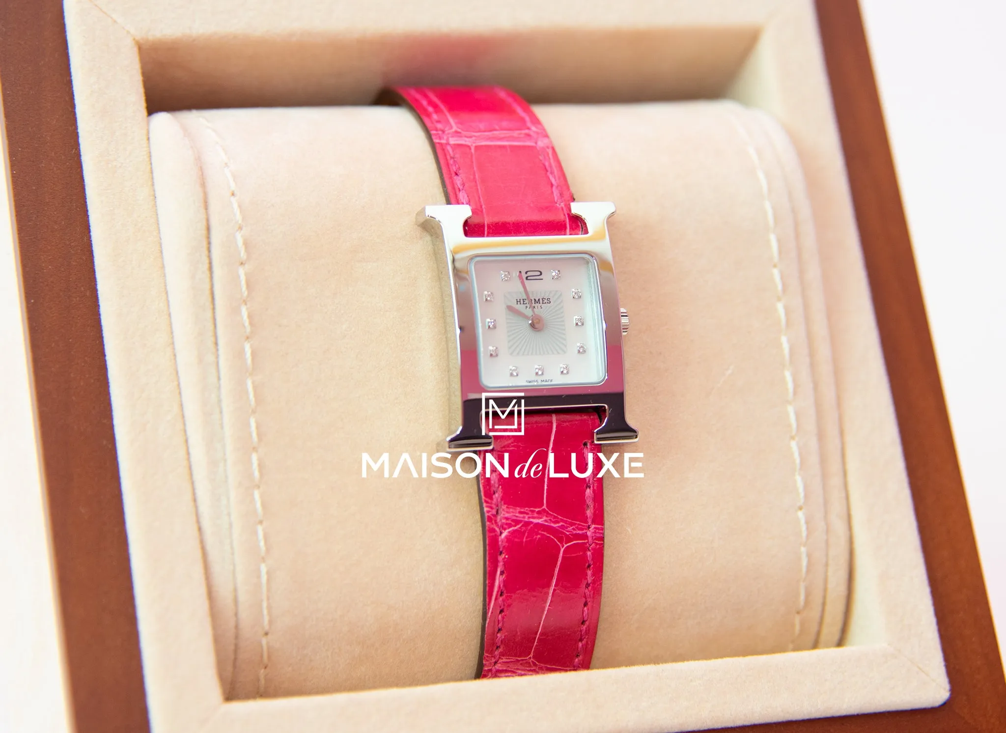 Hermes Diamond H Hour Heure Watch Raspberry Crocodile Strap