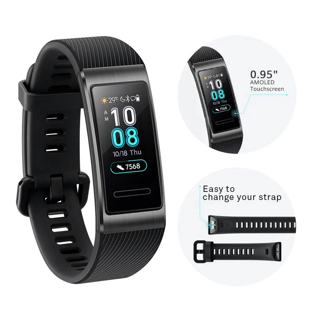 HUAWEI Band 3 Pro - Smart Band Fitness ActivitiesTracker with 0.95" AMOLED Touchscreen, 24/7 Continuous Heart Rate Monitor, up to 12 Days Usage, Scientific Sleep Monitor, GPS, 5ATM Waterproof, Black