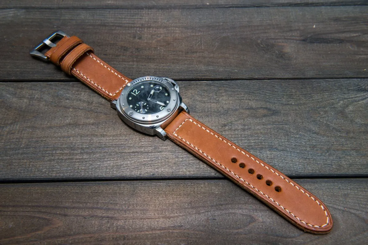 Italian Vachetta Oil Tan leather hand stitched watch band,  handmade in Finland