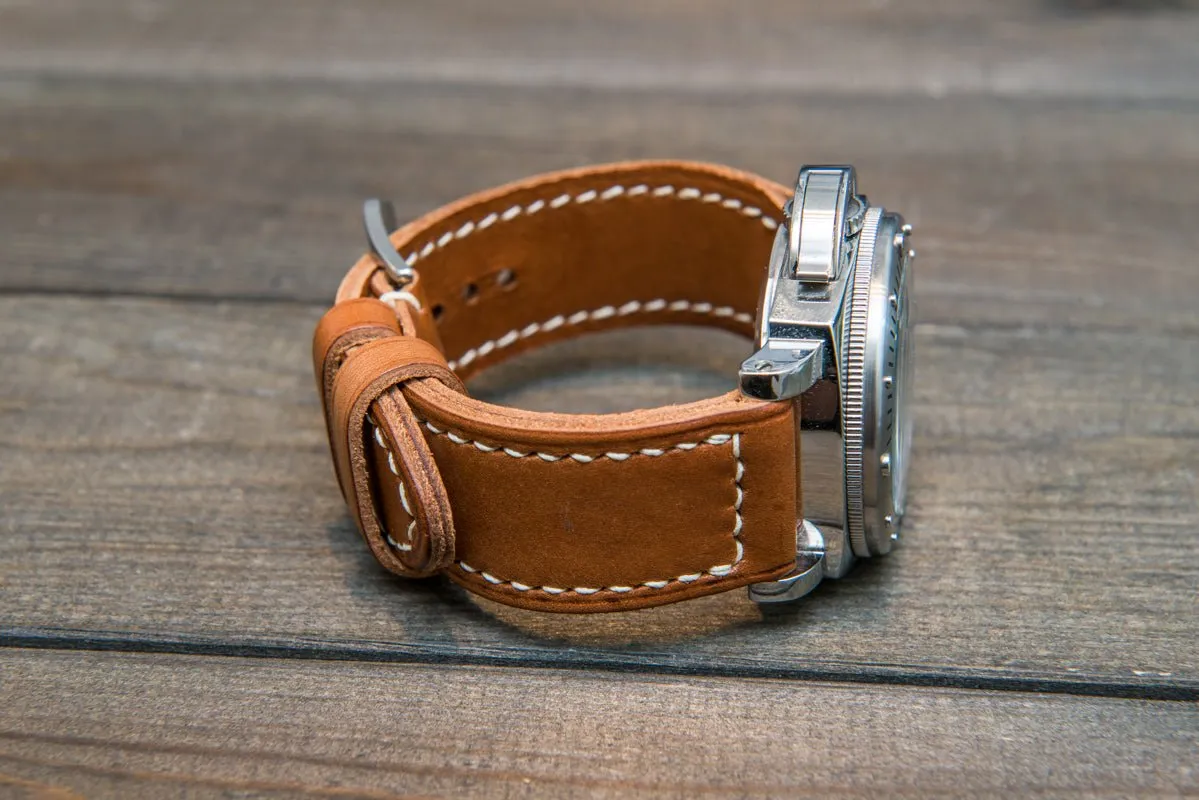 Italian Vachetta Oil Tan leather hand stitched watch band,  handmade in Finland