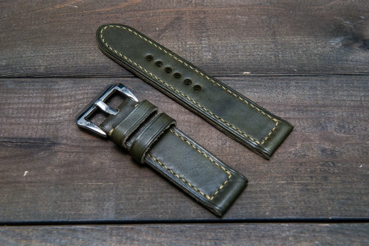 Italian Vachetta Olive leather hand stitched watch band,  handmade in Finland