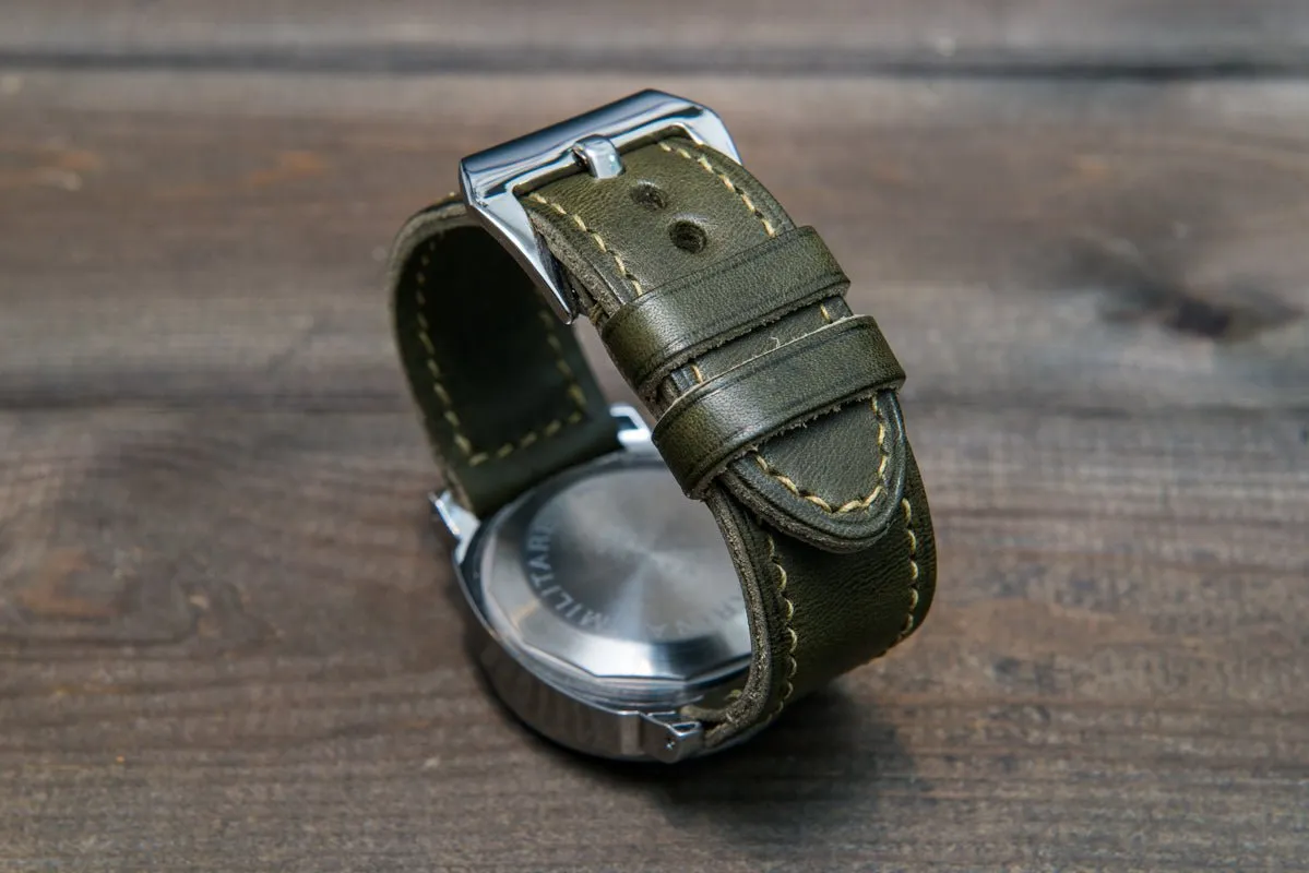 Italian Vachetta Olive leather hand stitched watch band,  handmade in Finland