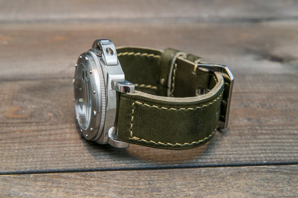 Italian Vachetta Olive leather hand stitched watch band,  handmade in Finland