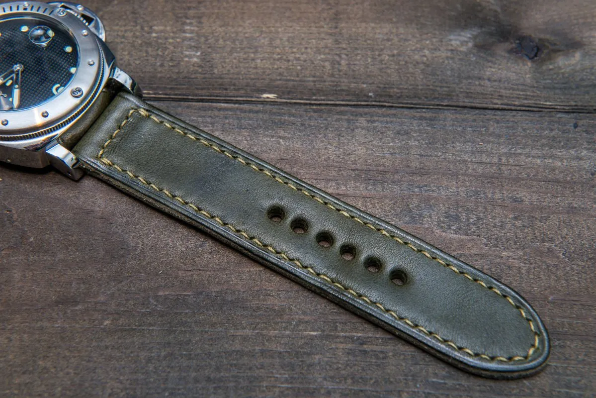 Italian Vachetta Olive leather hand stitched watch band,  handmade in Finland