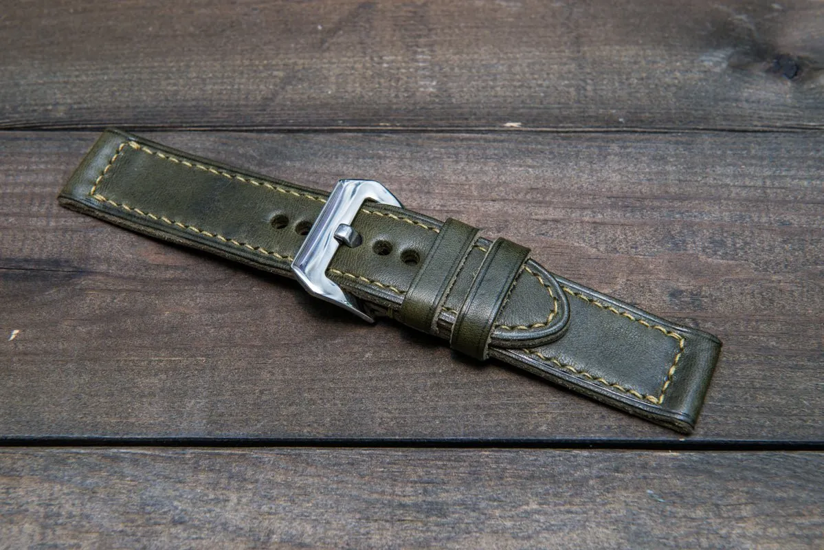 Italian Vachetta Olive leather hand stitched watch band,  handmade in Finland