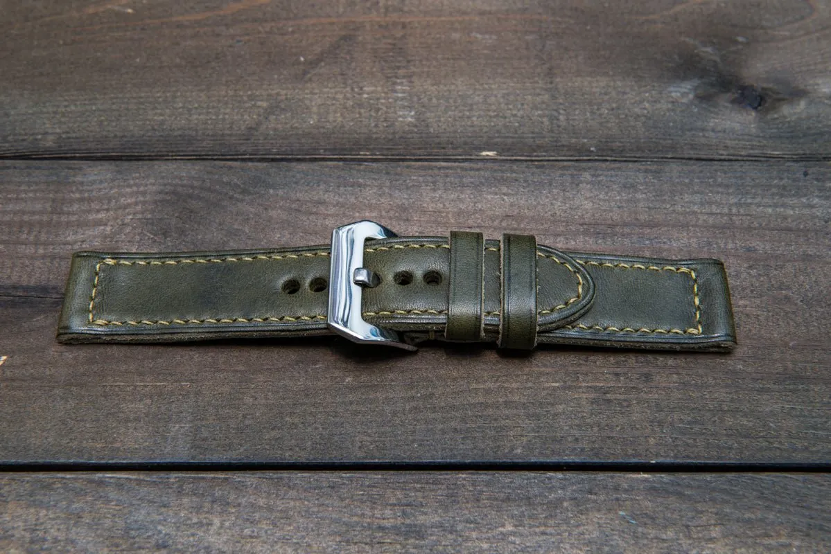 Italian Vachetta Olive leather hand stitched watch band,  handmade in Finland