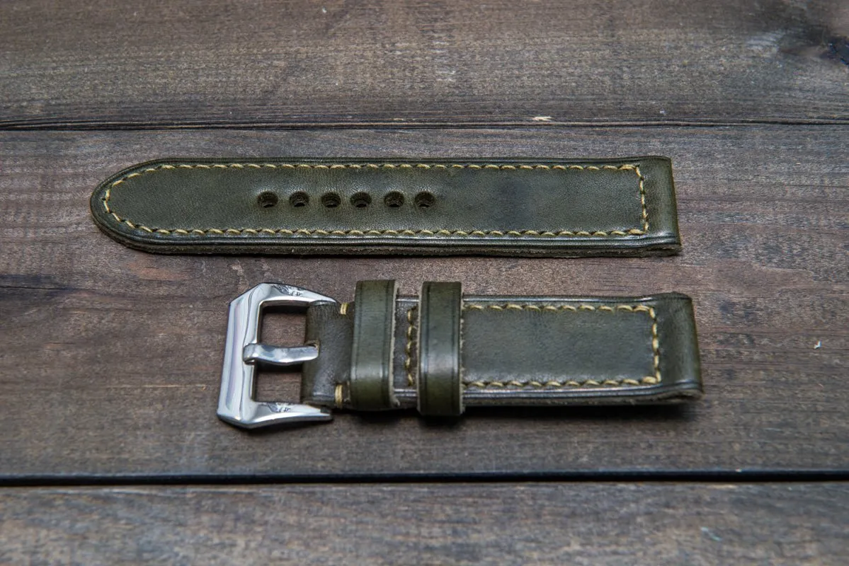 Italian Vachetta Olive leather hand stitched watch band,  handmade in Finland