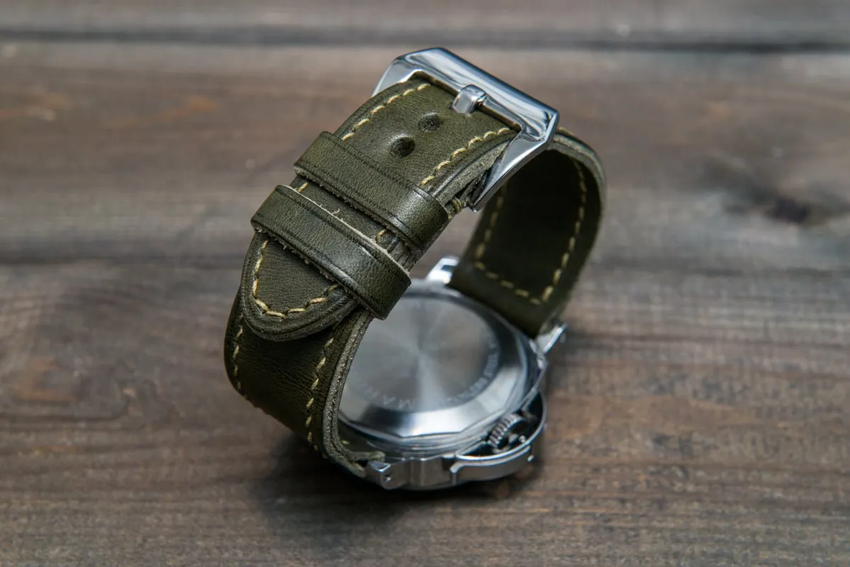 Italian Vachetta Olive leather hand stitched watch band,  handmade in Finland