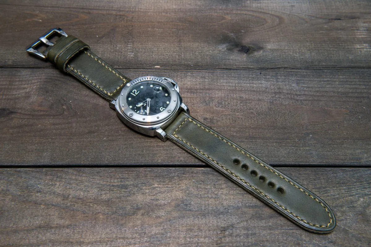 Italian Vachetta Olive leather hand stitched watch band,  handmade in Finland