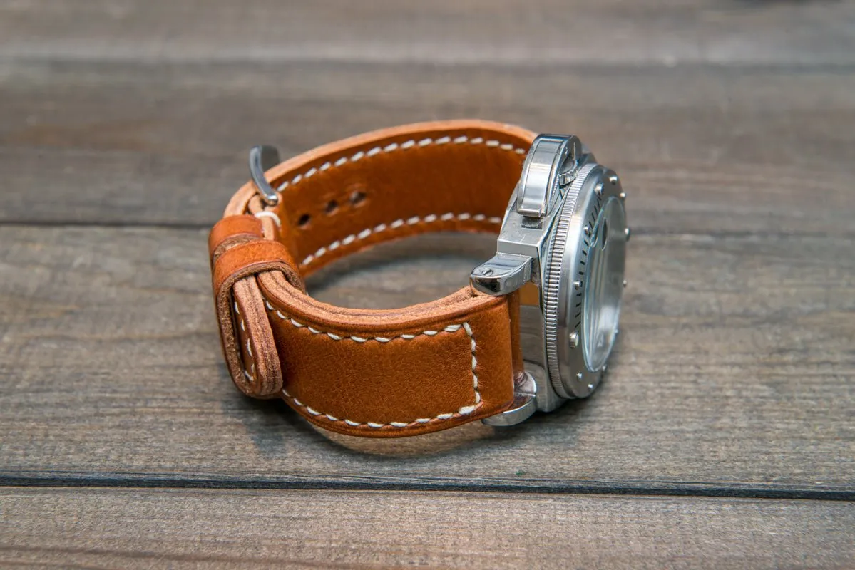 Italian Vachetta Ranger Cognac leather hand stitched watch band,  handmade in Finland