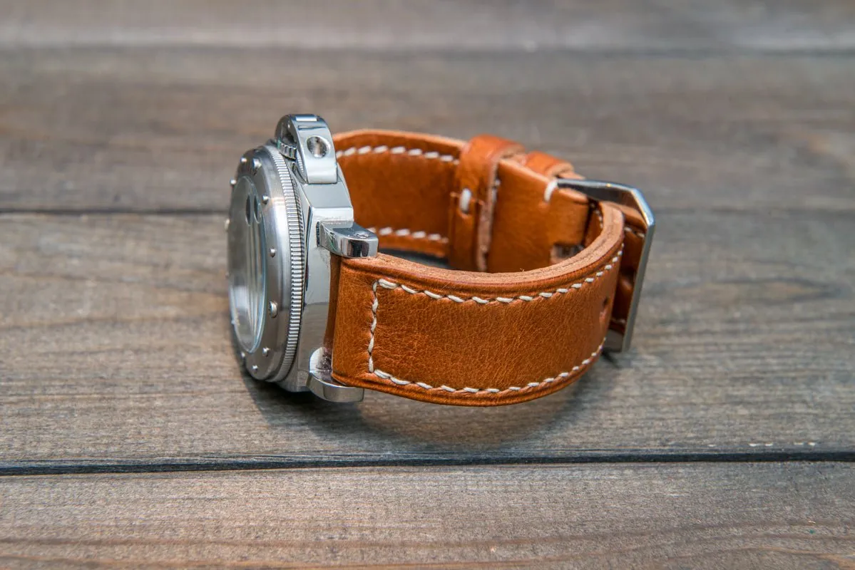 Italian Vachetta Ranger Cognac leather hand stitched watch band,  handmade in Finland