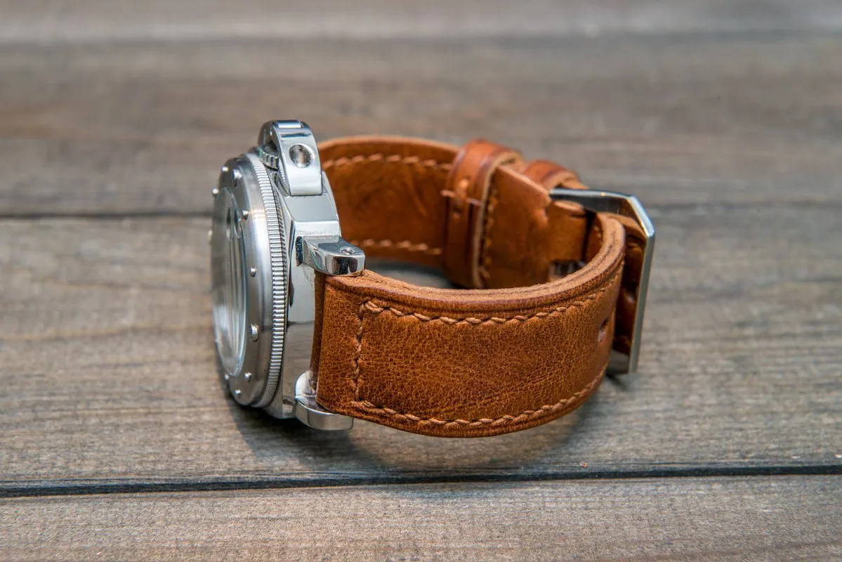 Italian Vachetta Vulcano Tan leather hand stitched watch band,  handmade in Finland