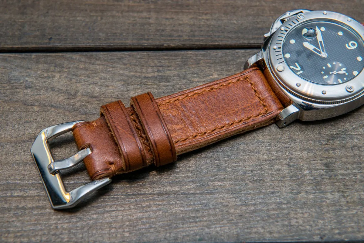 Italian Vachetta Vulcano Tan leather hand stitched watch band,  handmade in Finland