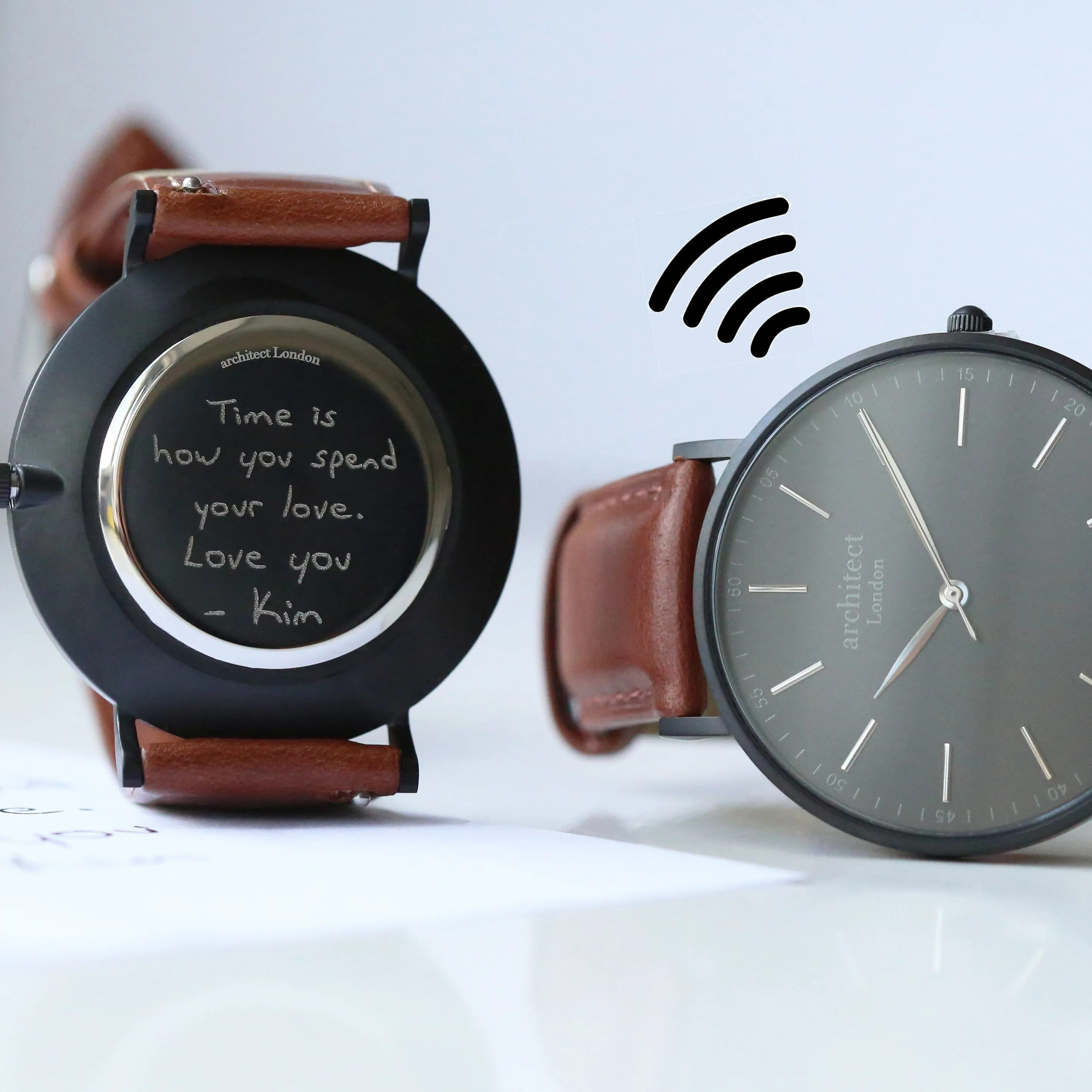 Men's Architect Minimalist Contactless Payment Watch, Walnut Strap, With Personalised Own Handwriting Engraving