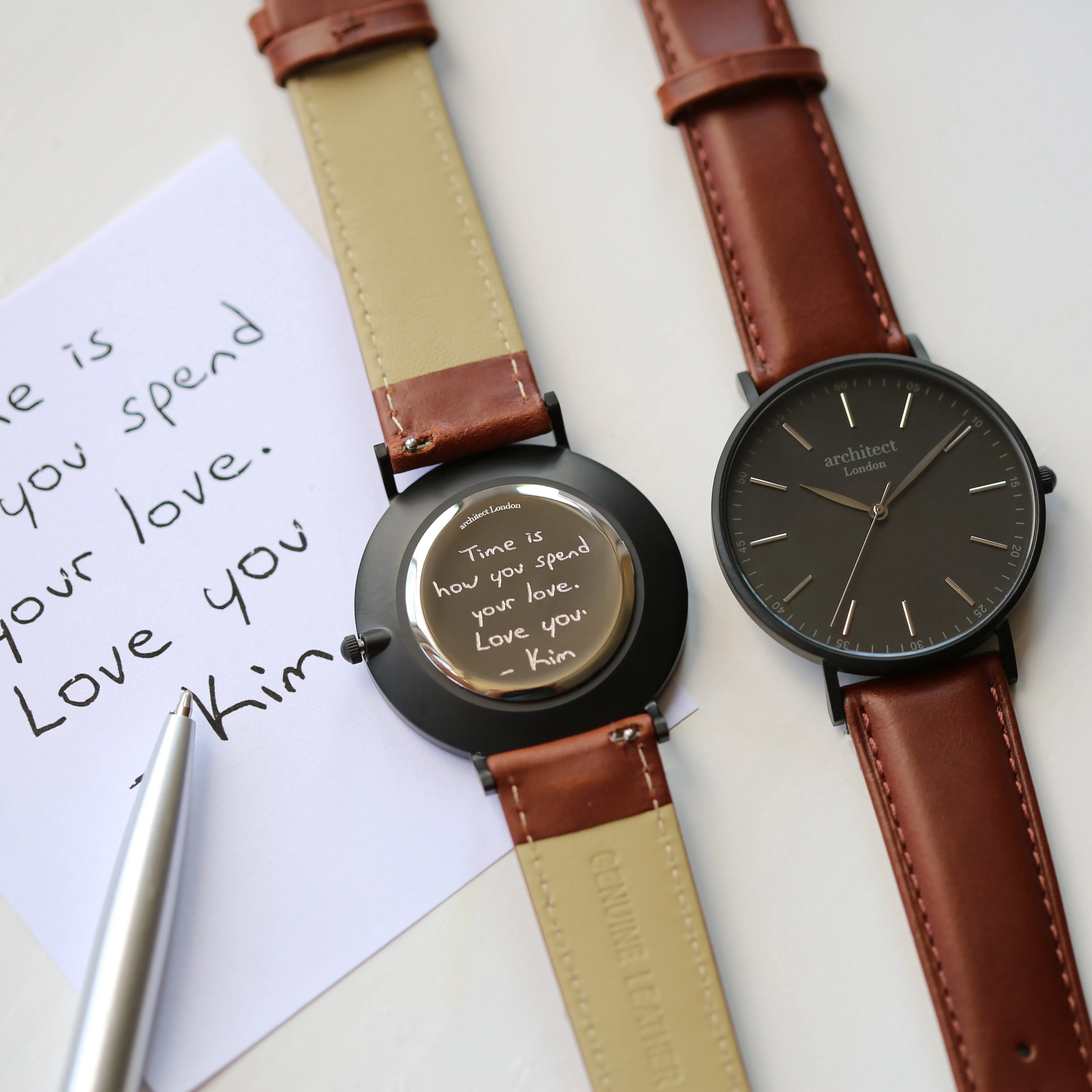 Men's Architect Minimalist Contactless Payment Watch, Walnut Strap, With Personalised Own Handwriting Engraving