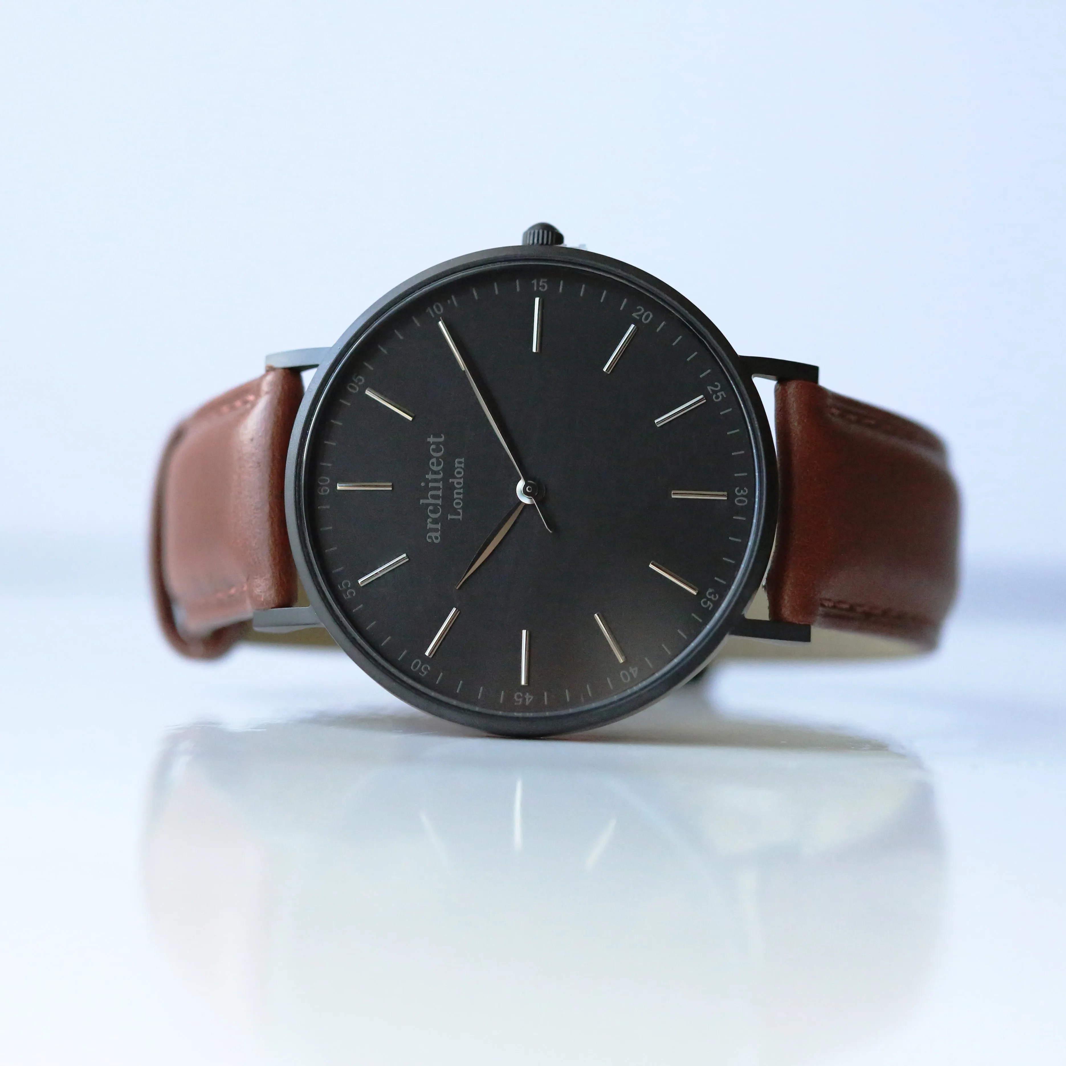 Men's Architect Minimalist Contactless Payment Watch, Walnut Strap, With Personalised Own Handwriting Engraving