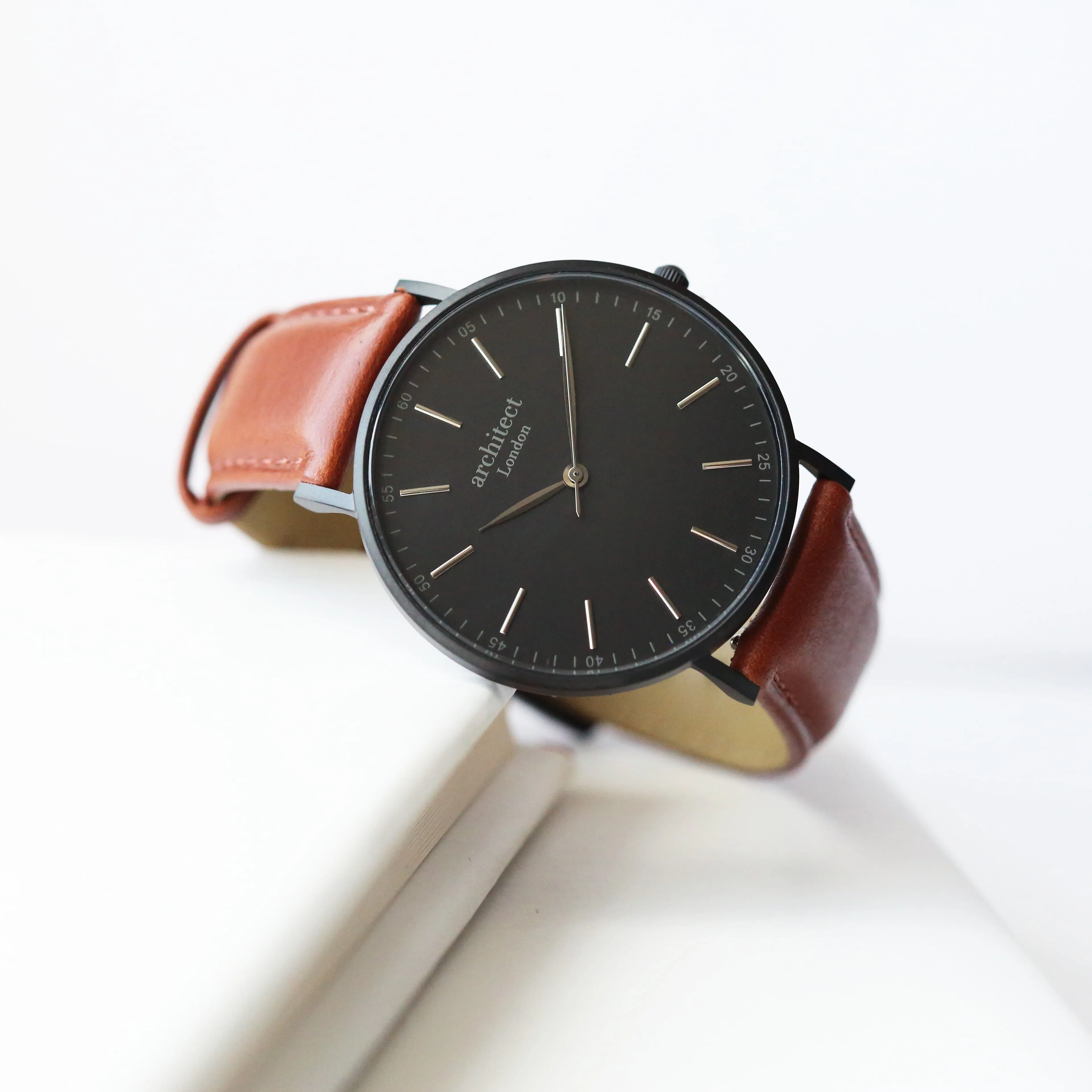 Men's Architect Minimalist Contactless Payment Watch, Walnut Strap, With Personalised Own Handwriting Engraving