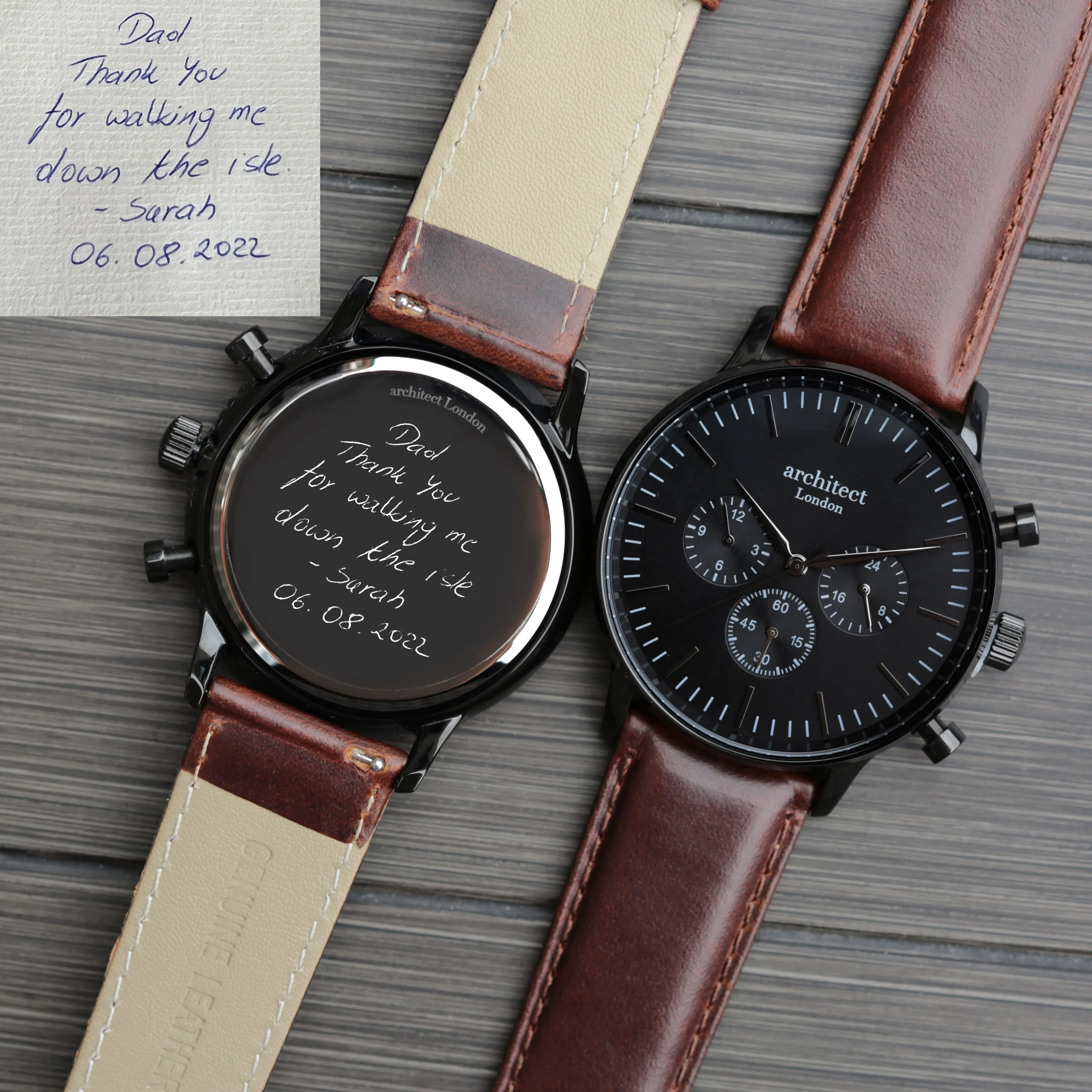 Men's Motivator Contactless Payment Watch, With Walnut Strap, With Personalised Own Handwriting Engraving