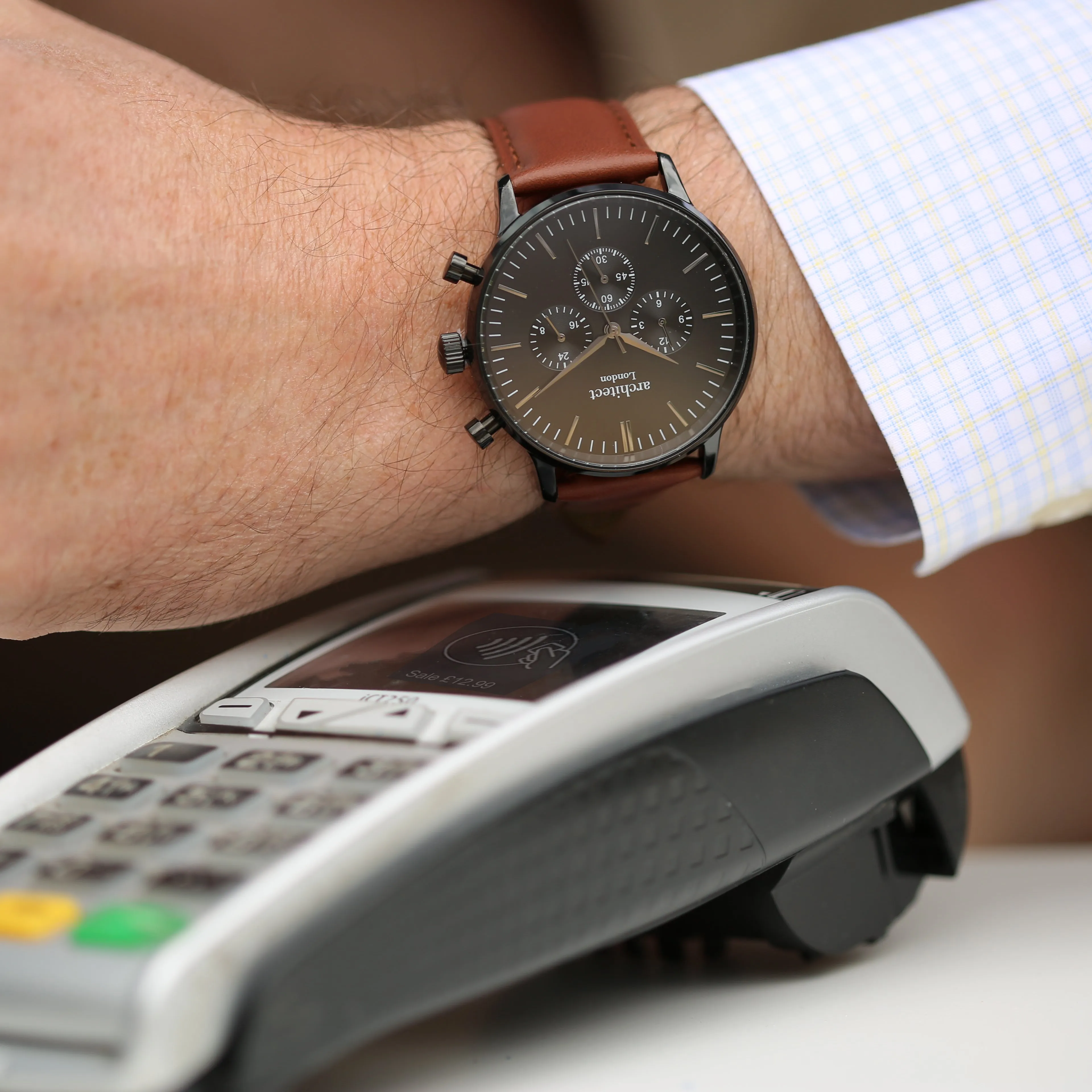 Men's Motivator Contactless Payment Watch, With Walnut Strap, With Personalised Own Handwriting Engraving